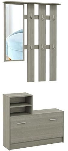 HOMCOM Set 4 in 1 Mobili da Ingresso con Appendiabiti, Specchio, Panca con Scaffale e Scarpiera per 8 Paia di Scarpe, Grigio