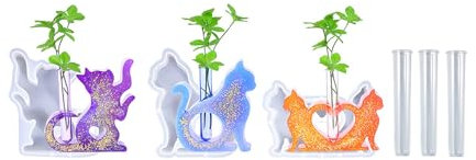 Xidmold 3 Stück Katze Vase Silikonform Silikon, Blumenvase Epoxidharz Pflanzgefäß Gießformen mit 3 Reagenzgläsern, Katze Silikonform für Hydrokulturpflanzen, Hydroponik Pflanzen Stecklinge