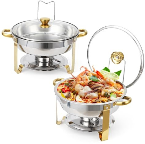 Garveehome Set di 2 scaldavivande da buffet, in acciaio inox, rotondi, per buffet, con supporto per coperchio e coperchio in vetro, server e scaldavivande per feste, matrimoni, campeggio, cene, colore