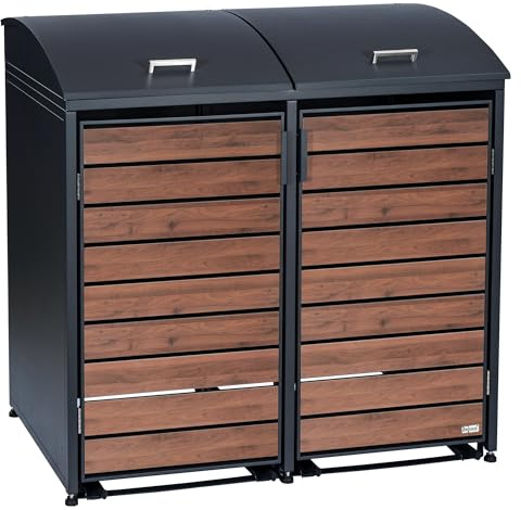 Zelsius Mülltonnenbox 2er Mülltonne mit abgerundetem Deckel | 120-240 Liter | Walnuss, Anthrazit RAL7016 | Tür in Holzoptik mit Erweiterungsmöglichkeiten | Mülltonnenhäusschen, Mülleimerboxen