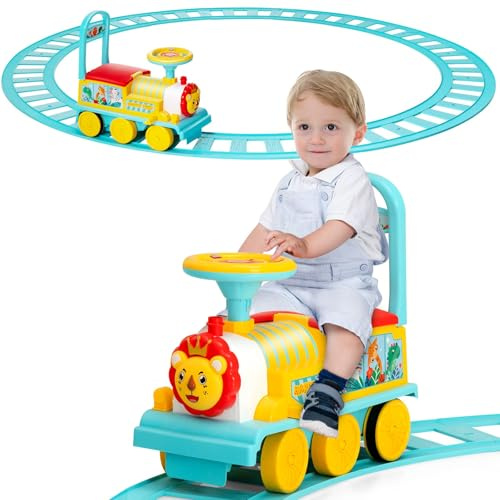 RELAX4LIFE Treno Giocattolo, con Binario, Trenino Elettrico Cavalcabile per Bambini, Funzione Musicale, Luci, Pedali Retrattili, Treno Regalo, Adatto a Bambini da 2+ Anni(nero) (BLU CHIARO)