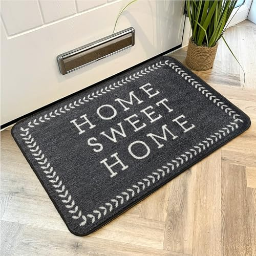 Mighty Mats Supersoft Washable Door Mat Indoor - Highly Absorbent Dirt Trapper Indoor Doormat -Anti-Slip Mat with Durable Latex Backing -Versatile Floor Rug -Grey Home Sweet Home Leaf Border,50 x 75cm