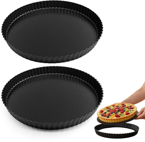 LADEPROS 2er Set Quicheform 28 cm mit Hebeboden, Runde Tarteform Antihaft, Backform für Obstkuchen, amerikanische Pies & Tartes, Schwarz