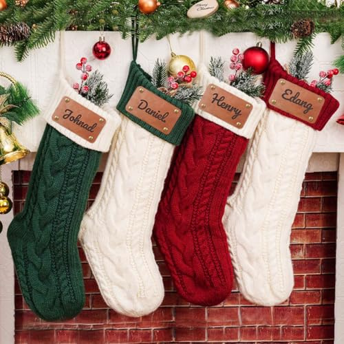 HOBULL Weihnachtsstrumpf Personalisiert, 4 Stück 46cm Großer Nikolausstrumpf Personalisiert Namen, Gestrickter Weihnachtssocken Kamin Hängenden Weihnachtsbaum Decorations für Feiertag, Familienparty