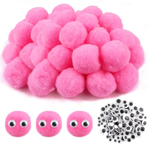 TOAOB 50 Piezas Pompones Grandes y Esponjosos de 5 cm Bolas de Fieltro Rosa con 100 Ojos Móviles Negros para Decoraciones Manualidades Creativas y Decoraciones Bricolaje
