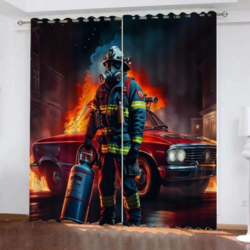 Generisch Feuerwehrmann in Flammen 3D Vorhänge Blickdicht Mit Ösen 2Er Set,Kinder Gardine Verdunkelungsgardine Für Wohnzimmer Schlafzimmer Kinderzimmer Dekoration,H 160CM X B 100CM,B4