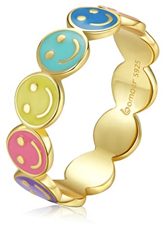Damenmode-Ring, Damen-Ring aus 925er-Sterlingsilber, Damen-Glücks-Smiley-Gesichtsring, glückliches Gesicht, stapelbarer Ring mit Emoji-Verbindungsbandring(5)