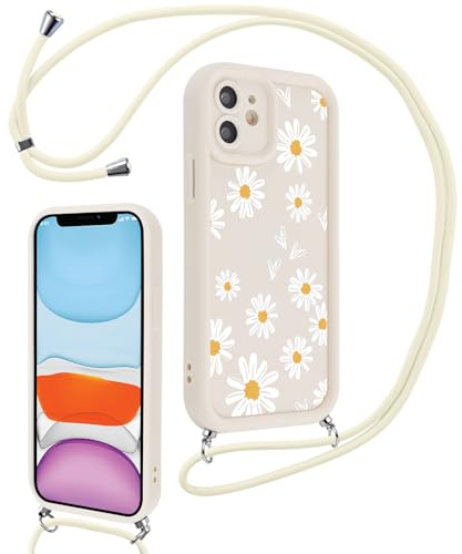 Vxinvnoi Handykette Handyhülle für iPhone 11 6,1 Hülle mit Band, Aesthetic Muster Blumen Case mit Kordel zum Umhängen, Weich TPU Bumper Dünn Silikon Stoßfest Schutzhülle Cover für iPhone 11, Beige