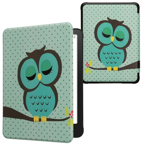 kwmobile Schutzhülle für Amazon Kindle Paperwhite (2024)/Colorsoft Hülle - eReader Flip Case mit Auto Sleep Funktion - Eule Schlaf mit Türkis Braun Mintgrün