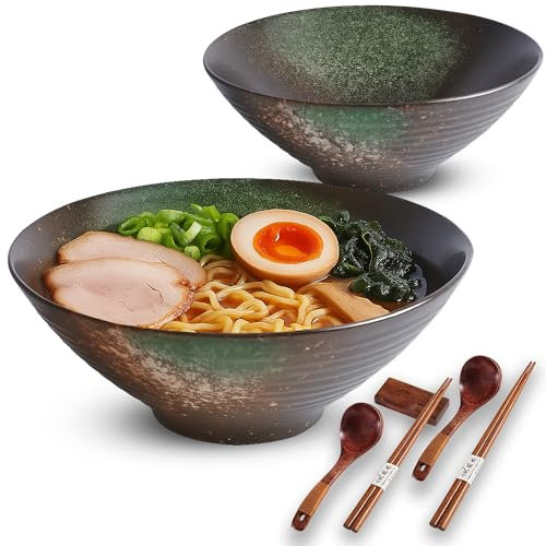Annie's Cocina Porcelain Ramen Bowl Set of 2-1000ml 34-Oz with Wooden Chopsticks, Spoons & Rests-Japanese Large Ramen Bowl for Soup Salad Pho Cereal Pasta-Microwave & Dishwasher Safe-Gift Collection