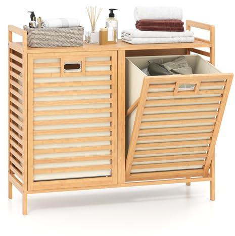 RELAX4LIFE Cesta Portabiancheria a Ribalta 75 L, Cesta per Bucato in Bambù con 2 Sacchi Rimovibili, Piano di Lavoro e Manglie, Mobile Portabiancheria a Doghe Per Lavanderia, Bagno