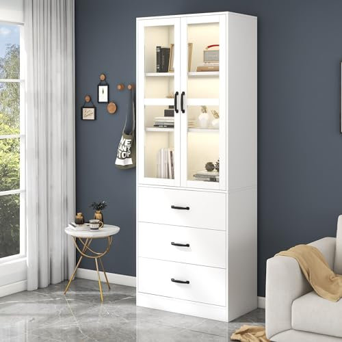 Wumagin Weiße Vitrine 200 cm hoch, Standvitrine mit 3 Schubladen und 2 beweglichen Trennwänden, 2 Glastüren, mit 16 Farben LED-beleuchtete Buffetschrank fur Wohnzimmer