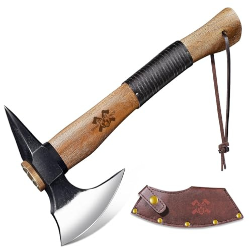 Ascia in legno forgiata a mano con piede di mucca, ascia Bushcraft con manico in legno e fodero in pelle, ascia da campeggio, regalo lungo