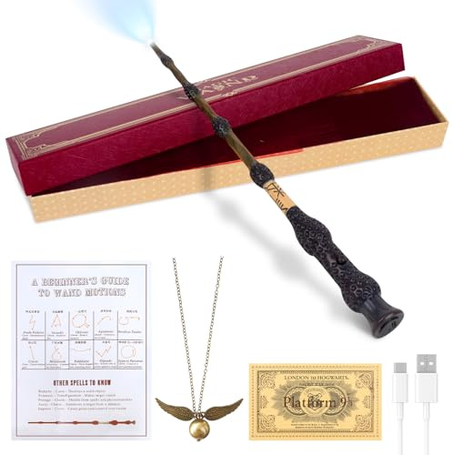 PLLYPE Zauberstab mit Licht, 38cm USB Aufladung Elderstab, Magic Wand in Geschenkbox mit Zauberspruch Karte, Fahrkarte und Halskette, für Halloween, Karneval, Cosplay