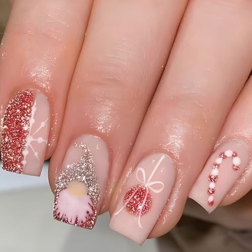 Lot de 24 faux ongles courts et carrés de Noël élégants à presser pour l'automne avec paillettes françaises à coller sur les flocons de neige courts et carrés