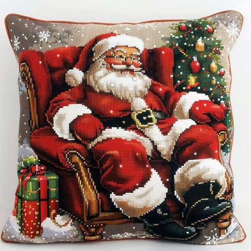 Pskgbxmu Ensemble De Broderie Coussin Au Point De Croix Kits De Points De Croix Estampillés DIY Main Brodé Housse sans Noyau d'oreiller Père Noël Père Noël 45x45 cm