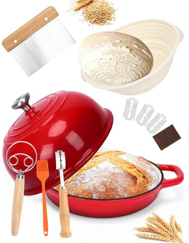 GFTIME Olla de hierro fundido para hornear pan, cacerola con tapa, 5 cuartos de cuarto, horno holandés, sartén para pan con cesta de fermentación, cortador, mezclador de masa, olla de hierro fundido