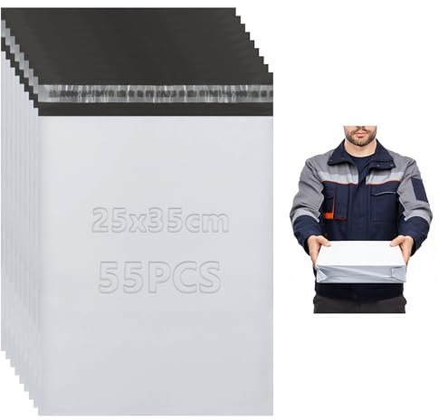 Solivive 55 Stück Kunststoff Versandtaschen,Wasser und Staubdicht Versandtüten Kleidung,Starke Haftung Versandtüten Medium,Geeignet für den Transport von Waren,Kleidung Usw(25x35cm,Weiß)