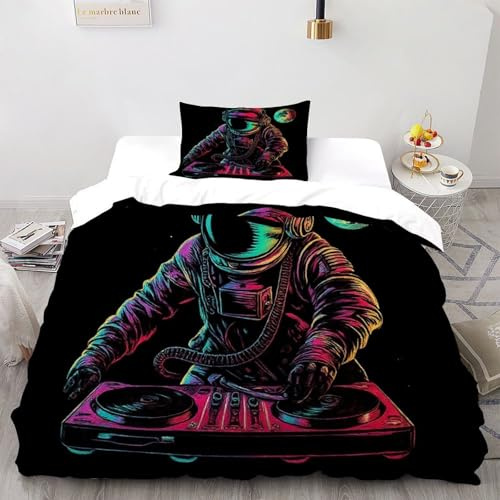 VulcanTrade astronauta DJ Stampa 3D ipoallergenico Set Di Biancheria Da Letto 2 Pezzi Microfibra Morbida Cuscini Cerniera Chiusa Single（135x200cm） Per Adulti, Donne E Bambini