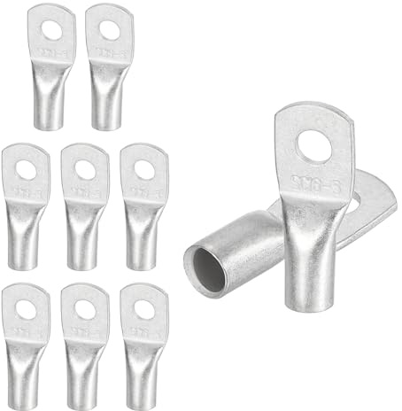 sourcing map 10 Pcs Tinned Copper Wire Lugs 6AWG 13/64 Wire Connectors Marine Grade Battery Cable Ends Ring Terminals SC16-5NH Battery Cable Lugs, Silver