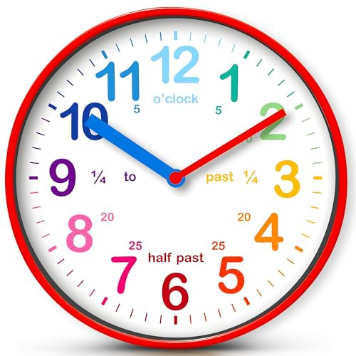 FB FunkyBuys Kids Wall Clock - 10 Inches Clock for Learning Time | Round Analogue Silent Non-Ticking Kids Clocks for Bedrooms, Classrooms - Colorful Decorative Educational Time Teaching Clock
