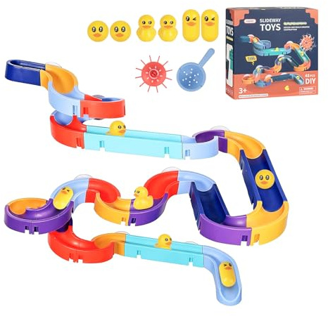 Badewannenspielzeug Badespielzeug 48 Stück, Murmelbahn mit Saugnäpfen, DIY Wasser Kugelbahn für Kinder, Badespielzeug ab 3 Jahre, Geschenk für Jungen und Mädchen 3–6 Jahre