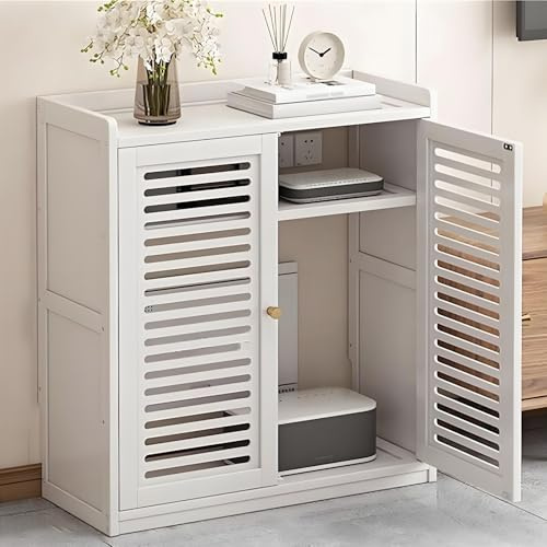 GSATREY Caja Oculta para Router WiFi, Mueble de Suelo con Estantes Ajustables y Puertas de Lamas, Gestión de Cables, Ideal para Sala de Estar(White,67 * 25cm/26.4 * 9.8in)