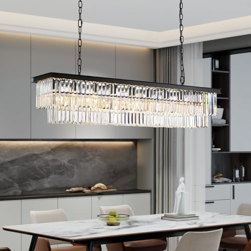 NOXARTE Rectangle Chandeliers for Dining Room, Modern Rectangular Crystal Chandelier Black 8 Lights Pendant Fixture for Kitchen Island Bar Living Room L47 Inch