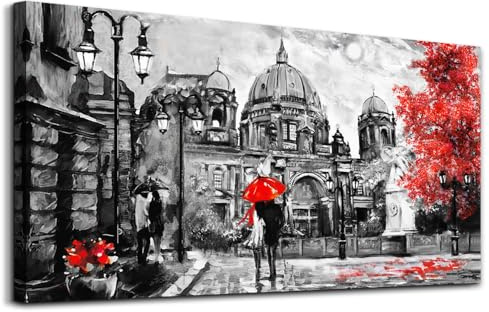 Black and White Buildings and Lovers Holding Umbrellas Under Street Lamps Canvas Art Print Artwork Wall Art for Living Room bedroom Wall Decor，Modern Home Decor Watercolor wall painting decoration