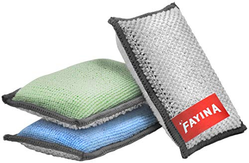 FAYINA 2-Sided Premium Microfiber Dish Sponge and Scrubber 3 Pack Variety - Heavy Duty Scouring Non-Scratch Multi-Surface