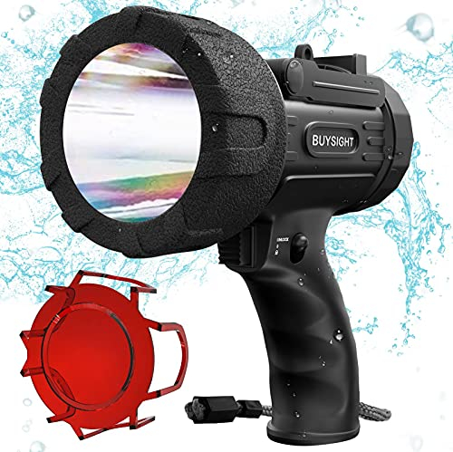 BUYSIGHT Rechargeable Spotlight Flashlight, Hand held Spotlight 200,000 lumens Waterproof Flashlight Hunting Lamp with red Filter(IP67 Waterproof Black Mini)