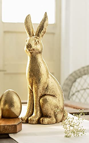 Dekoleidenschaft Hase „Gold“ aus Fiberglas, 42 cm hoch, Dekohase, Osterhase sitzend, Vintage Osterdeko, nostalgisch, edel, Osterfigur, Dekofigur aus Fiberglas, Frühlingsdeko