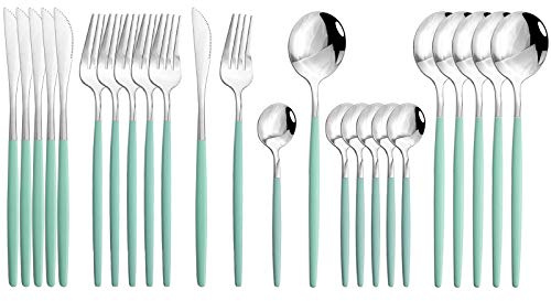 JASHII Flatware Serving Set 24 Piece, Stainless Steel Silverware Set, Mint Green Silver Cutlery Set, Modern Elegant Tableware Set for Party, Christmas, Dinner (Mint Green Silver)