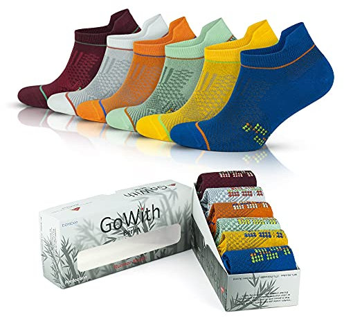 GoWith Bamboo Running Socks 6 Pairs Box, Breathable Anti Blister Soft and Lightweight Seamless Performance Sport Ankle Trainer Socks for Gym Yoga Cycling, Colorful UK Size 6-11