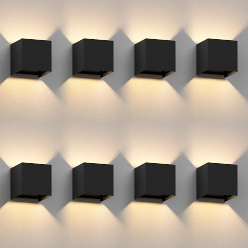 ledscom.de 8x Wandleuchte CUBEL für außen, schwarz, IP65, Up & Downlight, quadratisch + LED Lampe 501lm, warmweiß