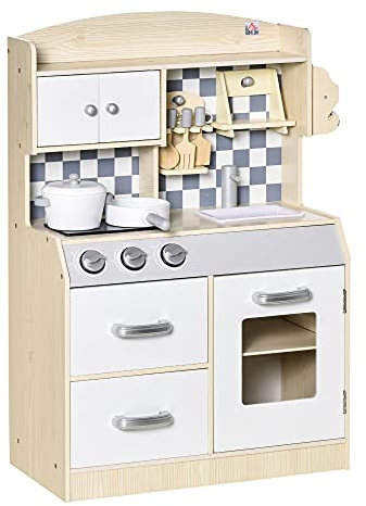 HOMCOM Kinderküche Spielküche aus Holz Küchenspielzeug mit Zubehör Nebelbildung Wasserspray Lichter Musikspielküche Spielzeugset für 3–6 Jahre 54,5 x 29 x 80 cm