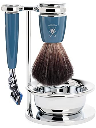 MÜHLE Rytmo Rasierset - kompatibel mit Gillette-Klingen, Black Fibre Pinsel, Halterung mit Schale - Edelharz Griff, petrol - vegan