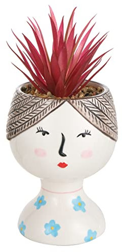 Baroni Home Vaso in Ceramica con Piantina Finta Design con Volto, Soprammobile Moderno Dipinto a Mano, Vaso Decorativo da Interno e da Esterno, Vestito Fiori Azzurri, 11,5x11x24 cm