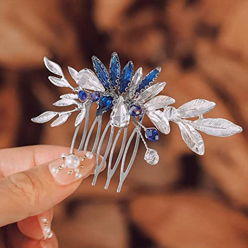 IYOU Strass-Braut-Haarkämme, Kristallblau, Hochzeitskamm, Blatt, Abschlussball, Braut, Haarschmuck für Frauen