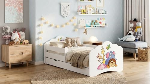 Happy Babies MOBI - Kinderbett 160 x 80 | Kinderbett mit Rausfallschutz & Bettkasten | Jugendbett mit farbigem Aufkleber | Bett mit Matratze 80x160 | Kinder-Bett für Mädchen & Jungen WIESS (M13)