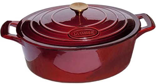 La Cuisine Casseruola Ovale in Ghisa Smaltata, 6,5 L, 33 cm, Rivestimento Interno Smaltato Nero Opaco, Mirtillo Rosso, Manico del Coperchio in Acciaio Inossidabile Placcato Oro, Adatto al Forno