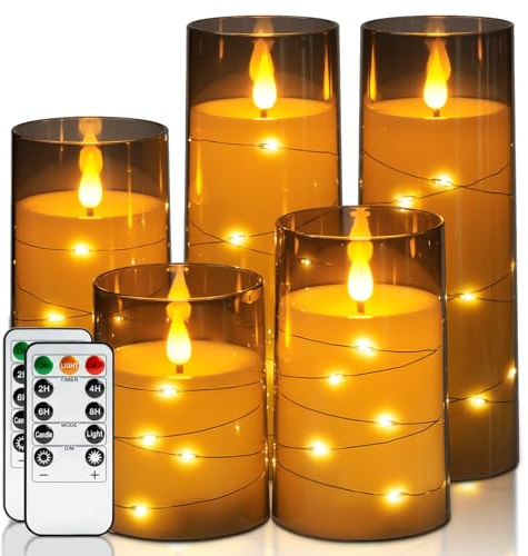 Homemory Flameless Candles with Embedded Star String Fairy Lights, Battery Operated Candles, LED Candle, Fake Candles with Remote Control and Timer for Halloween, Gray Acrylic, Set of 5(H45688)