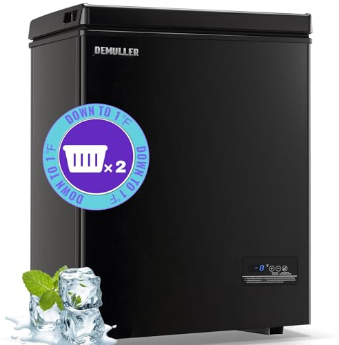 DEMULLER - Chest Freezer, 4.0 Cubic Feet Deep Small Freezer Black, Top Open Door Compact Freezer with Electronic Panel, Temperature Range -31 C, Two Baskets