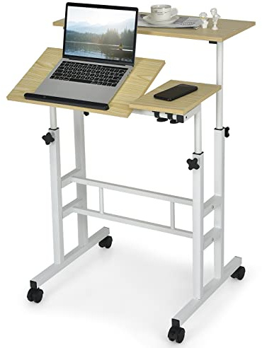 COSTWAY Height Adjustable Standing Desk, Mobile Laptop Table Computer Desk with Flip-over Desktop and Wheels, 2-Tier Laptop Cart Sit Stand Table Writing Workstation for Home Office (White + Natural)