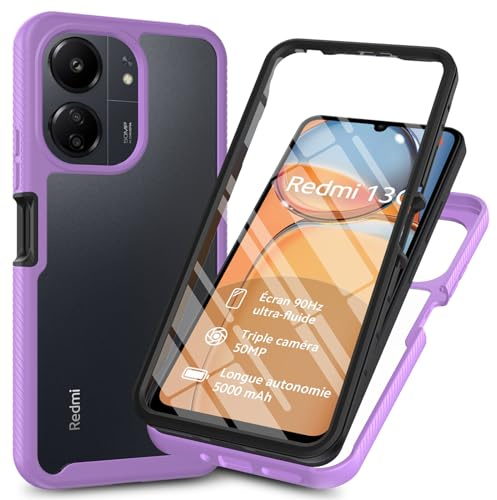 RonRun Funda para Xiaomi Redmi 13C/Poco C65 con Protector de Pantalla Incorporado, Protección de 360 ° Anti Choque Transparente Carcasa Compatible con Xiaomi Redmi 13C/Poco C65 Púrpura Claro