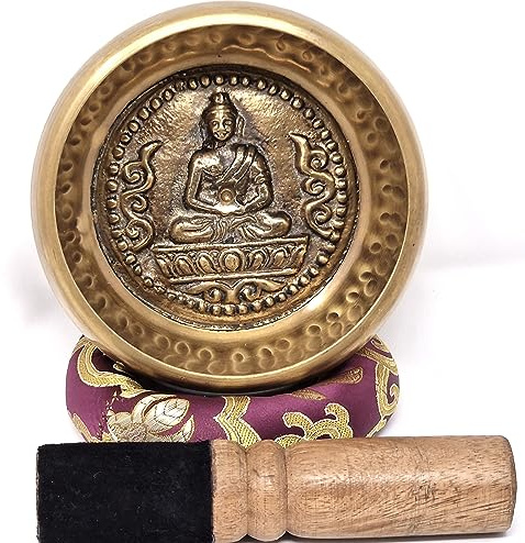 -Tibetisches Klangschalen-Set – 100% handgehämmert in Nepal. Klangschale für Meditation, Yoga, Chakra, Meditationszubehör, einzigartige Geschenke für Frauen, Männer (4,5 Zoll/11,5 cm), mit Buddha-