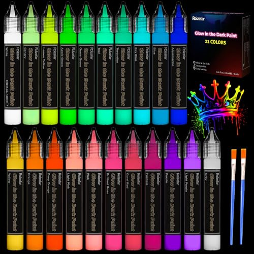 Roizefar Nachtleuchtende Farben, 21 x 20 ml 3D Wasserfest Textilfarbe | Glow in the Dark, Fluoreszierende Farbe DIY Leuchtet im Dunkeln Stofffarben Klebestift fur T-Shirt, Halloween, Festtage