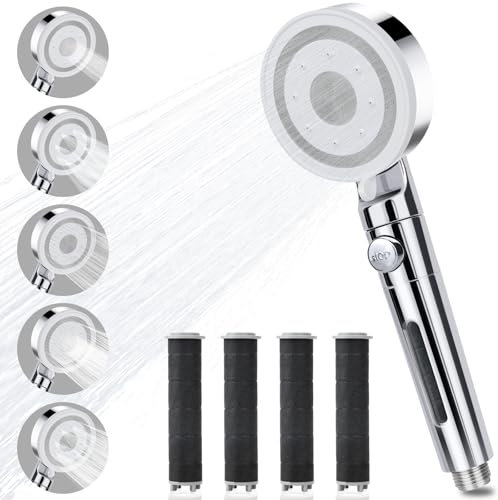 Shower Head with 3+1Pcs Filter, Shower Head High Pressure with 5 Mode, Water Softener Handheld Showerhead with On/Off Button and Activated Charcoal Fiber Filter, for Hair Wash Baby Dog, Chrome Silver