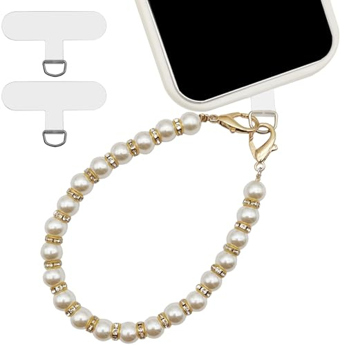 XYQMLY Pearl Beaded Phone Wrist Strap, Universal Cell Phone Lanyard, Anti Lost Phones Lanyard with 2 Pcs Phones Patches, Compatible with Most Cell Phones and Phone Case