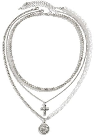 Epinki Edelstahl Kette Männer Set, Partnerketten Mehrschichtige Bead Perle mit Rund Kreuz Anhänger, Edelstahl Ketten Silber, 52CM